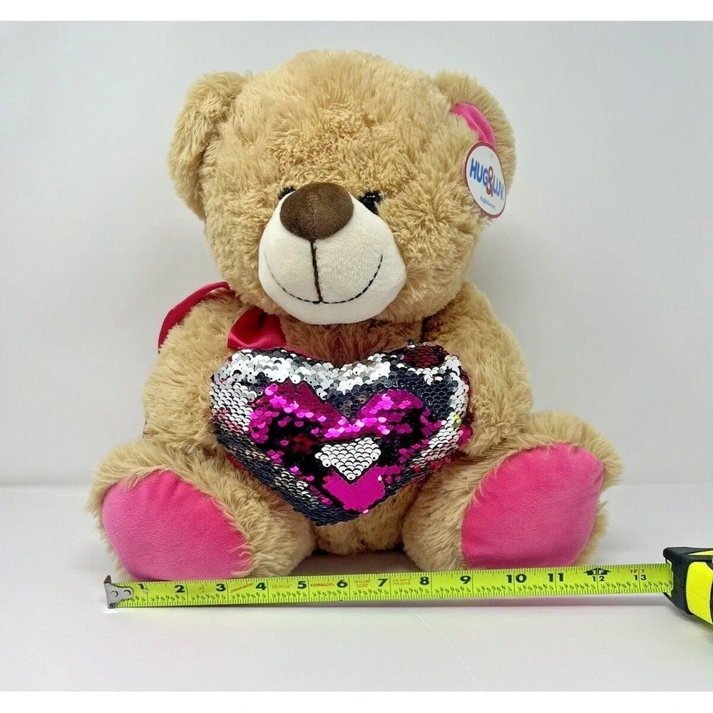 Hug&Luv Brown Bear and Pink Tie Plush Stuffed Toy w/ Heart Reversible Color Gift